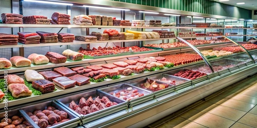 Butcher department of supermarket. Raw fresh meat, beef, pork, and poultry on display in refrigerated display case photo