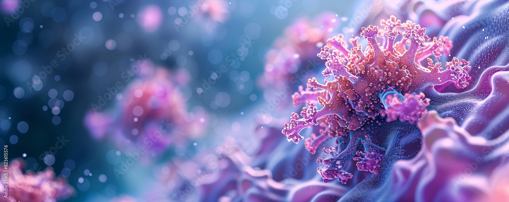 Abstract, vibrant 3D illustration of coral-like structures in a dreamy, underwater environment with bokeh effects. Abstract, vibrant 3D illustration of coral-like structures in a dreamy, underwater environment with bokeh effects.