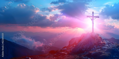 Inspirational image of crucifix atop mountain with sunlight breaking through clouds. Concept Religious Iconography, Divine Light, Spiritual Landscape, Mountain Peak, Heavenly Sky