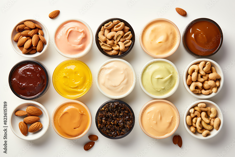 Various nuts and bowls of different sauces and dips. Various nuts and bowls of different sauces and dips.