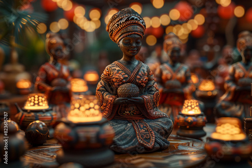 Beautifully crafted African statues surrounded by candle lights, creating a serene and mystical ambiance in an outdoor setting at night. © Pakkarada