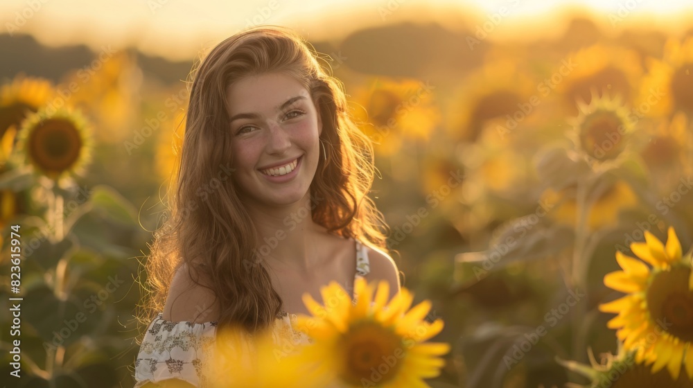 Golden hour portrait of a young woman in a sunflower field, with warm, flattering light --ar 16:9 --style raw Job ID: 49721bf6-b1e9-4a22-85bf-9fc9ef3d5960 Golden hour portrait of a young woman in a sunflower field, with warm, flattering light --ar 16:9 --style raw Job ID: 49721bf6-b1e9-4a22-85bf-9fc9ef3d5960