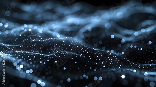 Abstract image of a dynamic, digital wave with glowing particles representing data, technology, and futuristic concepts.