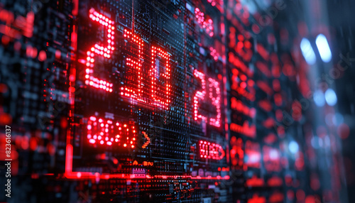 A close-up view of a digital display board with red numbers and binary pattern, representing technology and data analysis. © Pakkarada