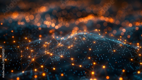 Abstract image of a glowing network of orange and blue lights representing data and technology in a futuristic digital landscape. photo