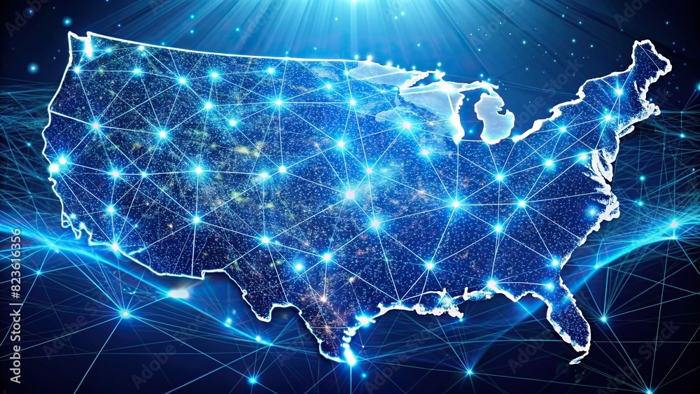 Digtal map of USA with global network of North America and connectivity, data transfer and cyber technology, information exchange and telecommunication 