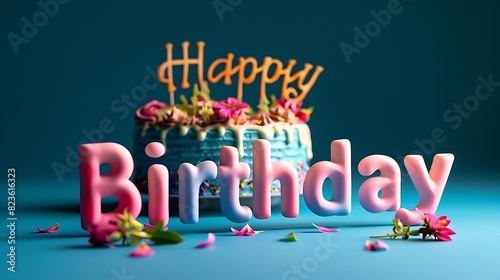 Fototapeta Naklejka Na Ścianę i Meble -  Happy Birthday written with beautiful stylish letters on a plain sapphire blue background with a birthday cake decorated with edible flowers in the background