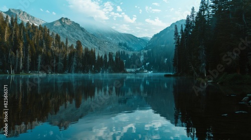 High-definition shot of a serene lake with reflections of the surrounding trees and mountains --ar 16:9 --style raw Job ID: 9d88fc95-4ac1-4740-a8d5-e718031b6eb3