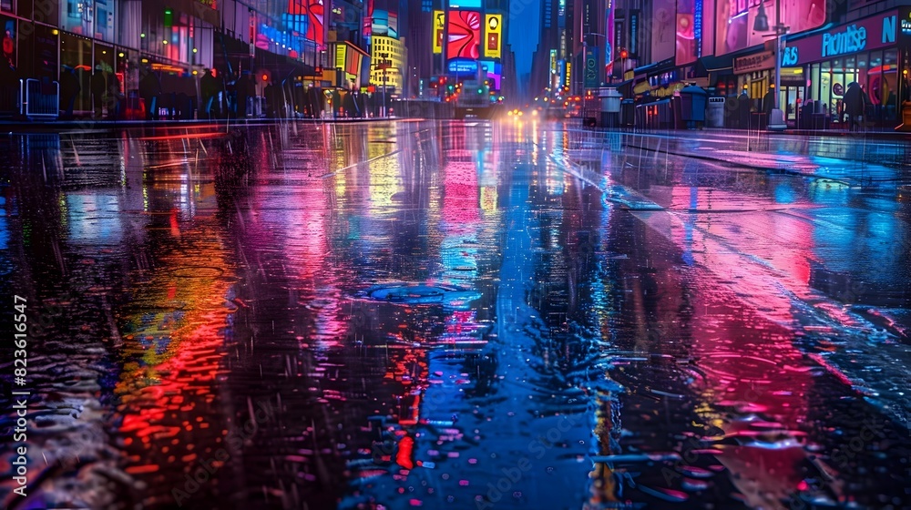 Obraz premium Rain-Soaked Streets Glow Under Vibrant Neon City Lights