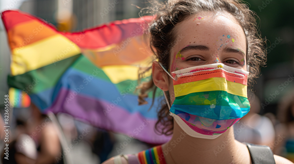 A person with a rainbow flag draped over their shoulders at a pride parade A person with a rainbow flag draped over their shoulders at a pride parade