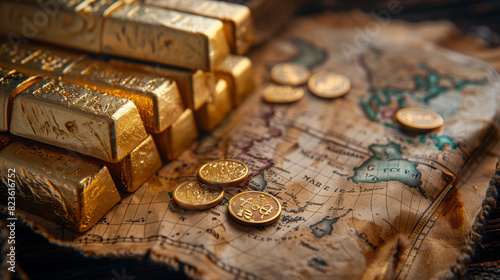 Gold Bars with Treasure Map - Gold bars arranged next to an old treasure map, creating an image of quest and adventure