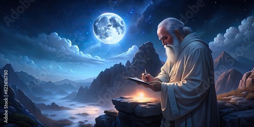 Elderly apostle robed in white holding a quill writing on a stone tablet under a bright full moon and towering mountains