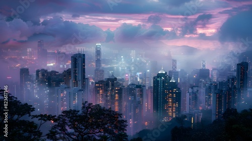 Rainy Twilight Unveils City Skyline  Nature s Beauty in Urban Jungle