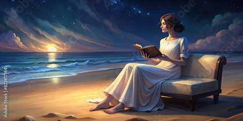 Femme portant une robe d'été blanche et tenant un livre, assise sur un canapé beige sur une plage de sable  photo