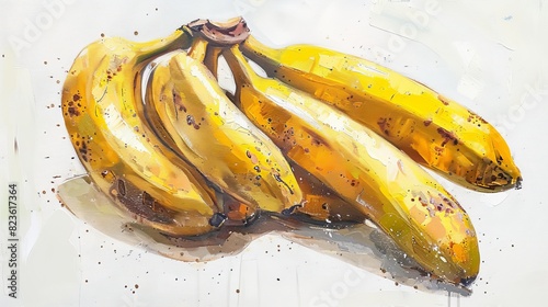 Oil painting style, eye-level angle of kluay khai bananas, textured brushstrokes capturing the golden hues and individual spots, white isolated background photo