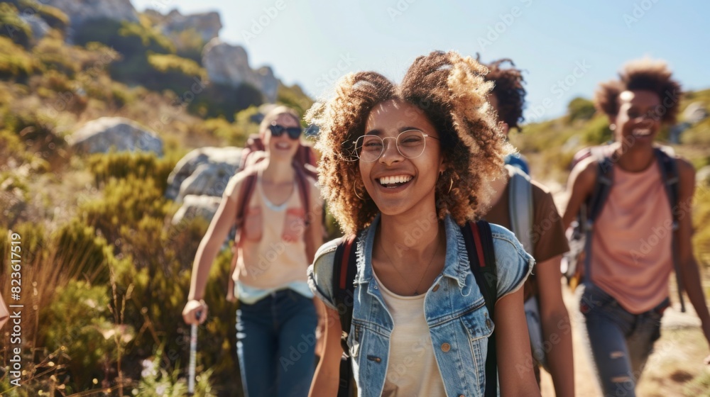 Image of a diverse group of friends hiking together, set against a stunning natural landscape --ar 16:9 --style raw Job ID: cbe682db-354d-4355-a6ed-93bce8d2e086 Image of a diverse group of friends hiking together, set against a stunning natural landscape --ar 16:9 --style raw Job ID: cbe682db-354d-4355-a6ed-93bce8d2e086
