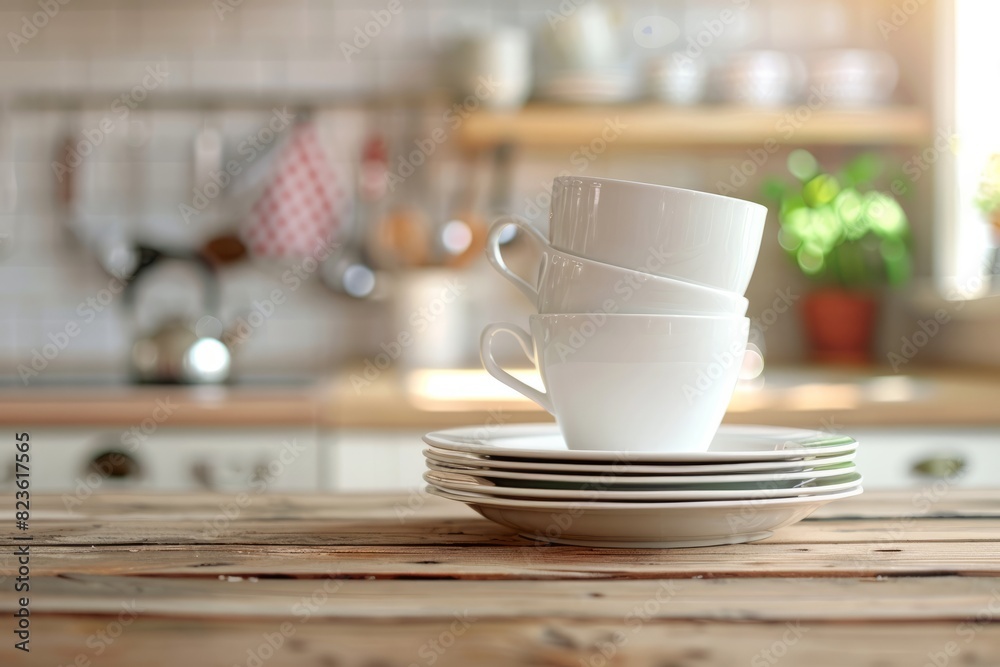 Fototapeta premium Stack of clean dishes in the kitchen. AI generative
