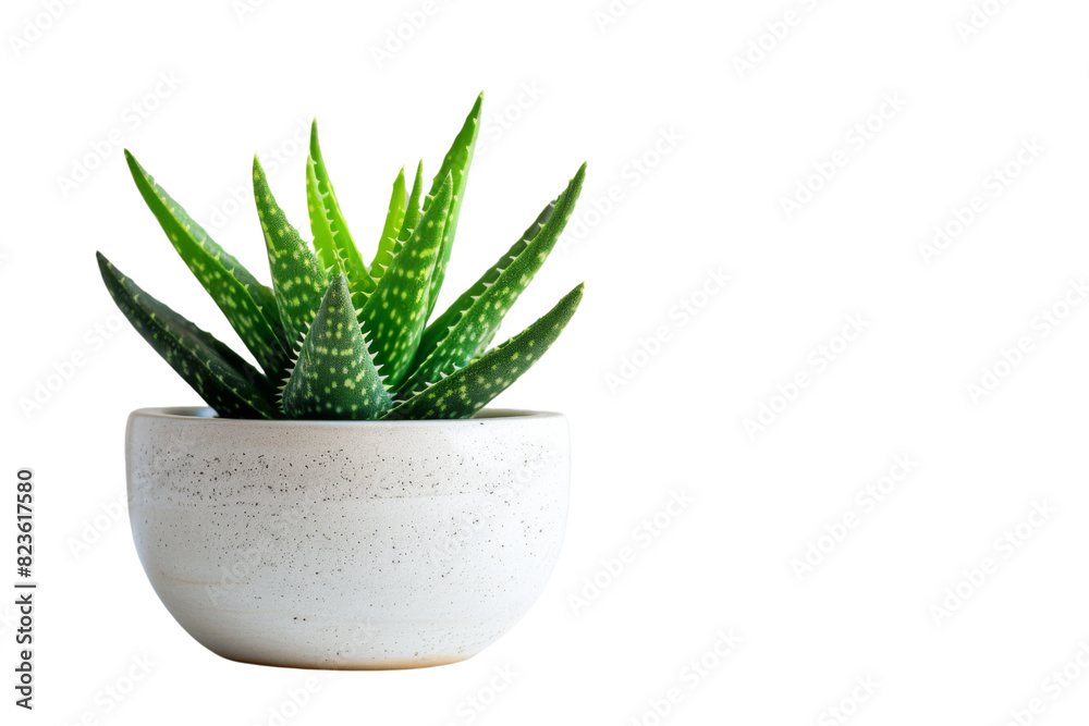A green aloe vera plant sits in a simple white ceramic pot, isolated on a transparent background, illuminated by bright light A green aloe vera plant sits in a simple white ceramic pot, isolated on a transparent background, illuminated by bright light