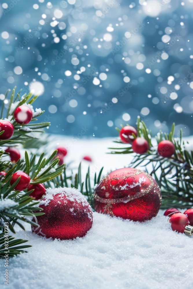 Red Christmas ornaments lay nestled in snow-dusted fir branches Red Christmas ornaments lay nestled in snow-dusted fir branches