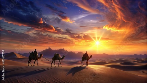 Golden hour desert panorama with a camel caravan silhouetted against a vibrant sunrise sky 