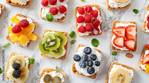 Tasty rusks with different toppings on white marble ta photo