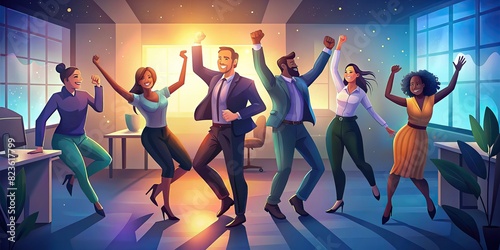 Group of cheerful diverse employees dancing and having fun at the office after achieving a business goal photo