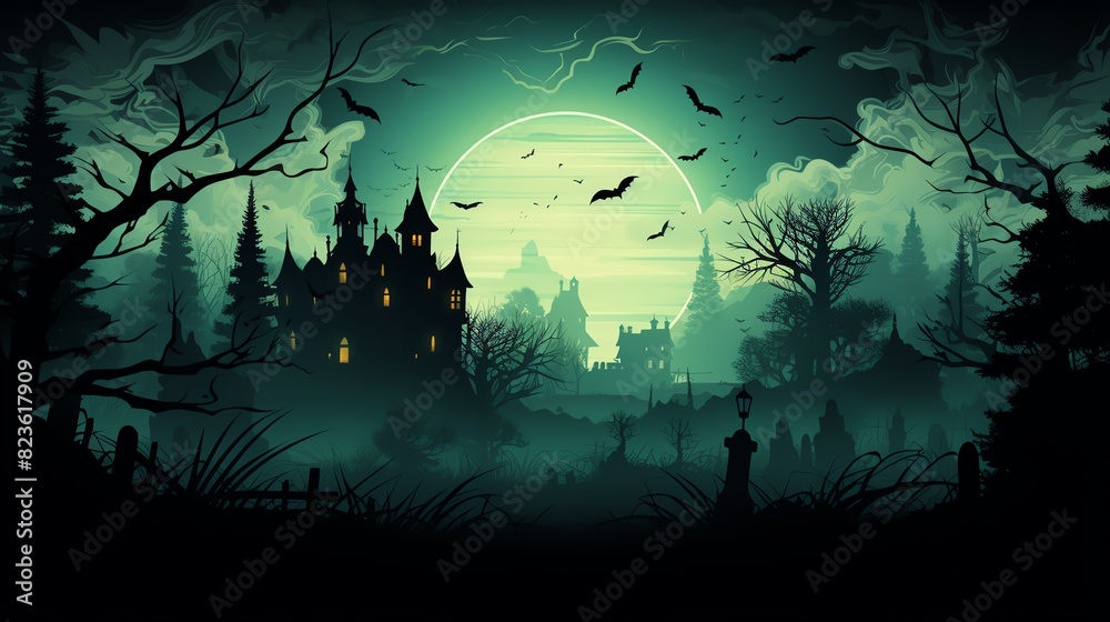 Spooky Halloween night with haunted house, full moon and bats. Spooky Halloween night with haunted house, full moon and bats.