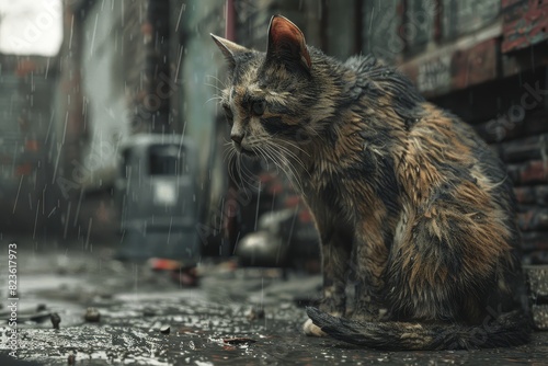 Profile view, an emaciated stray cat with patchy fur, large sorrowful eyes, CG 3D rendering, detailed textures and fine shading, sitting under a rain-soaked alley, capturing desperation and neglect