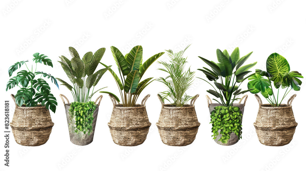 Fototapeta premium A row of potted plants stacked on top of each other, displaying various sizes and types on isolated transparency background