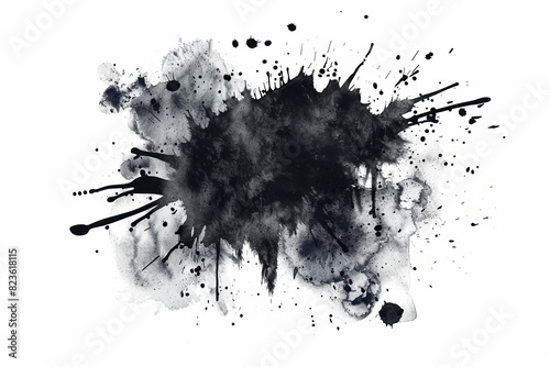 Black watercolor blot isolated on a white background. AI generative photo