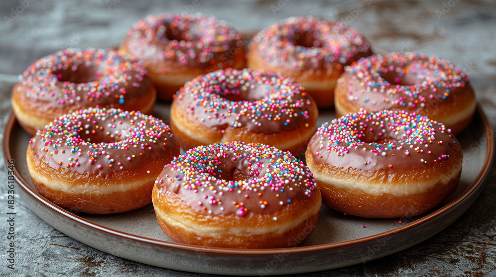 Donuts with colorful sprinkles arranged on a plate on a table Donuts with colorful sprinkles arranged on a plate on a table