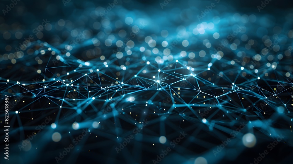 Abstract visualization of a digital network, presenting interconnected nodes and glowing lines on a dark background. Abstract visualization of a digital network, presenting interconnected nodes and glowing lines on a dark background.