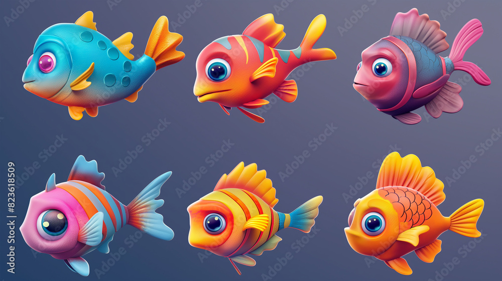 Asset of fish with cartoon style on dark background, Illustration. Asset of fish with cartoon style on dark background, Illustration.