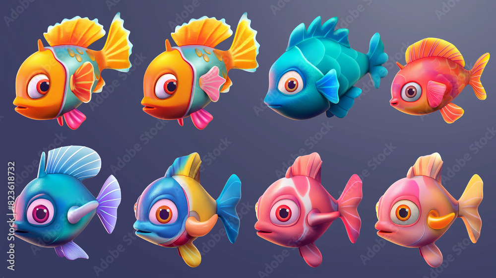 Asset of fish with cartoon style on dark background, Illustration. Asset of fish with cartoon style on dark background, Illustration.