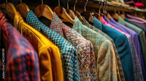 Colorful wardrobe with shirts and clothes in a shop, detailed, wide-angle shoot
