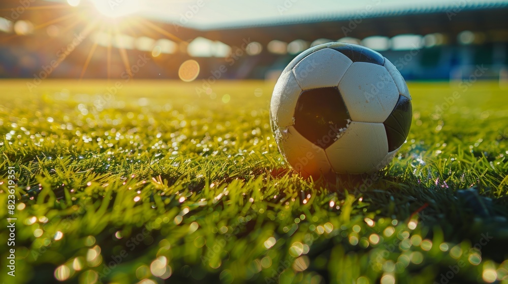 Fototapeta premium Close-up of soccer ball on lush green field in a large stadium under bright sunlight