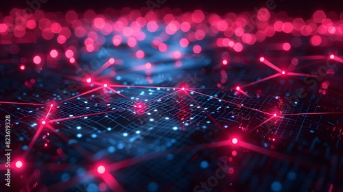 Futuristic digital network with glowing nodes and connections, depicting modern technology and data transfer. High-tech visual background.