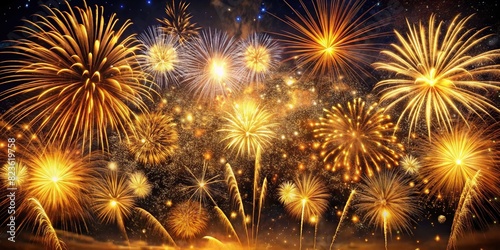 Night sky with golden fireworks exploding in various shapes and sizes  illuminating the darkness and creating a festive atmosphere