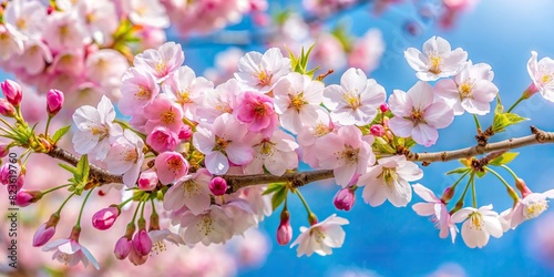 Pink and white cherry blossom flowers adorn a branch in front of a vibrant blue sky and green background in the springtime © artsakon
