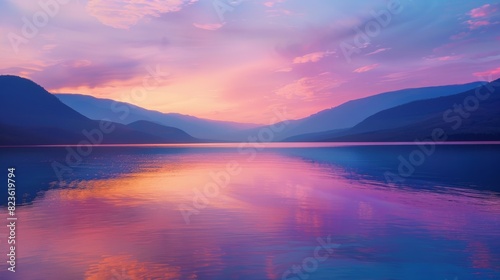 Calm and serene lake reflecting the colorful hues of a sunset sky with mountains in the background