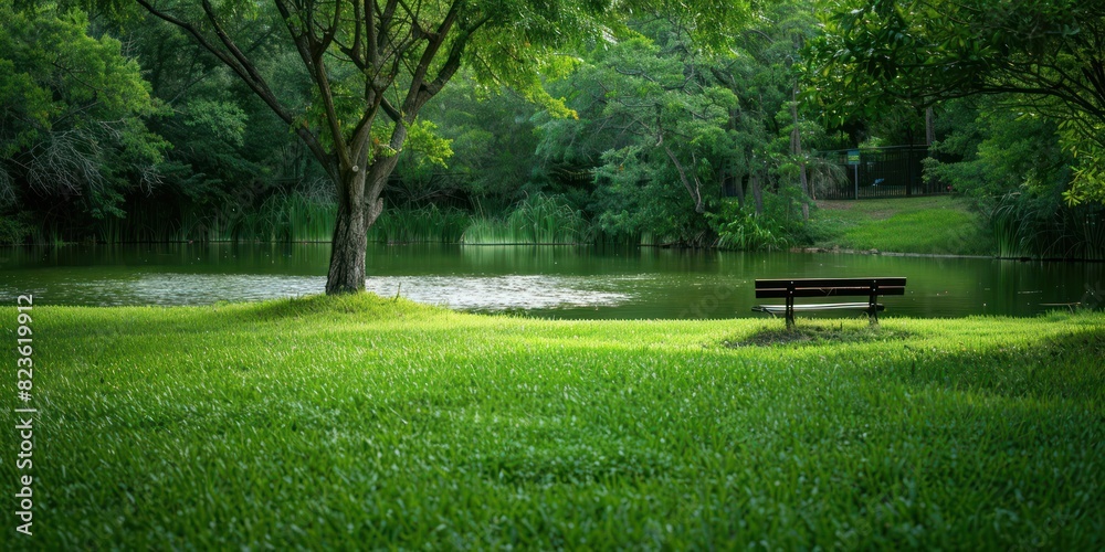 A park bench against the background of water. Daytime A park bench against the background of water. Daytime