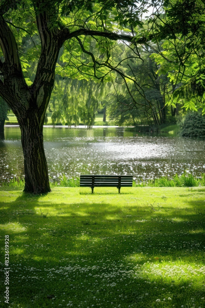 A park bench against the background of water. Daytime A park bench against the background of water. Daytime