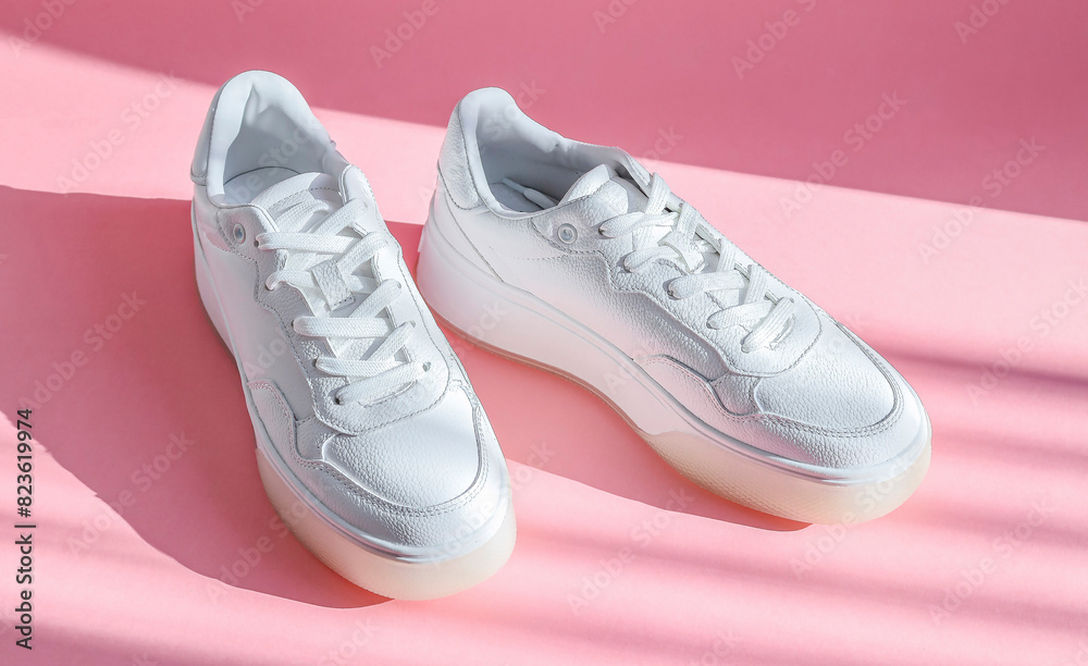 White sneakers on a pink background.