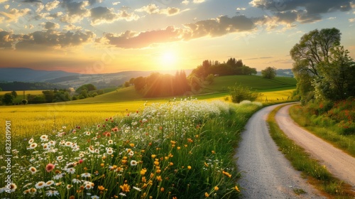 Beautiful serene countryside scene with a winding country road bordered by fields of blooming flowers photo