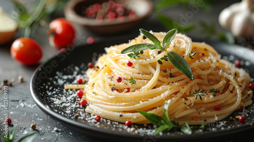 Pasta Primavera. Spaghetti pasta served with fresh herbs and vegetables  topped with fresh parmesan.