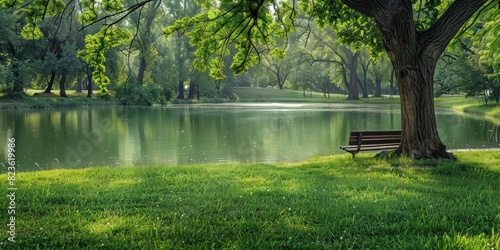 A park bench against the background of water. Daytime