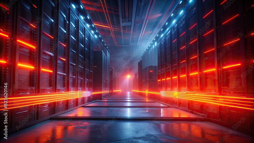 Red and orange light streaks on the background of a dark rack server room