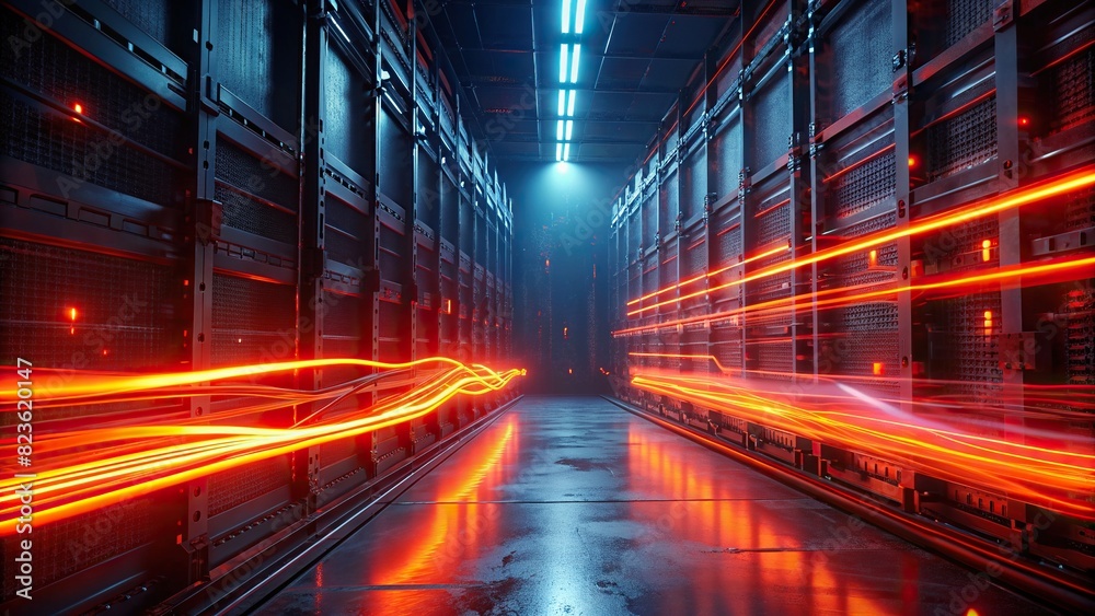 Red and orange light streaks on the background of a dark rack server room