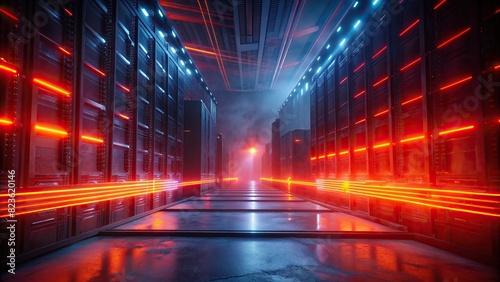 Red and orange light streaks on the background of a dark rack server room © artsakon