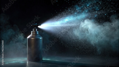 Realistic effect of water vapor spray from aerosol jet on black backdrop photo